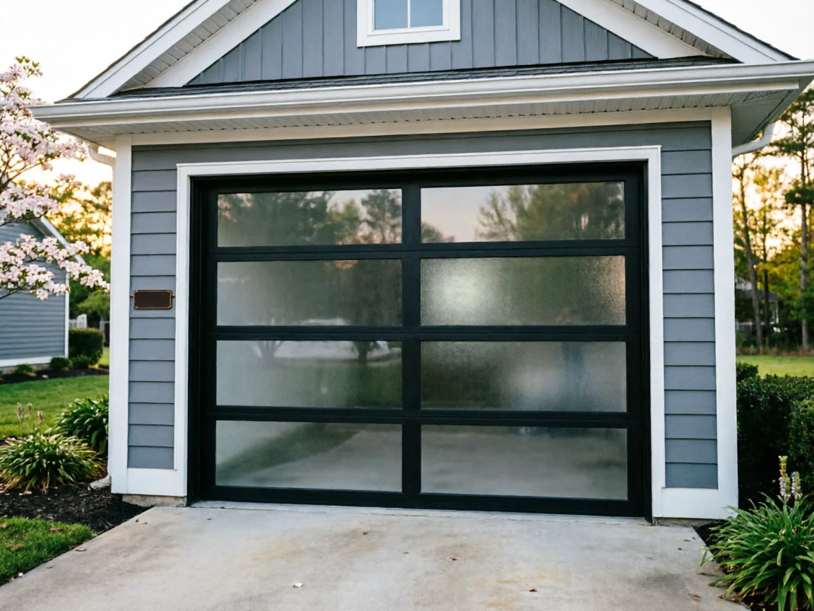 The garage door is black with frosted glass panels on a gray house.