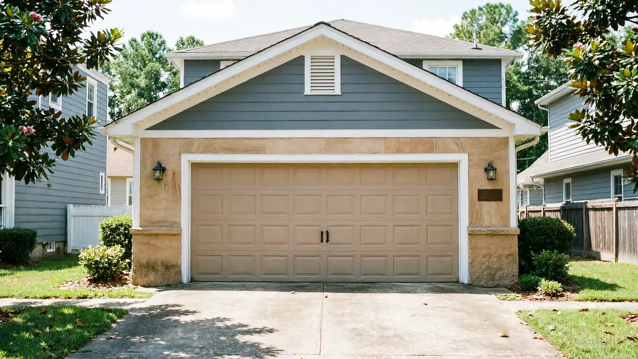 A beige garage door with square panels is on a house with blue siding.