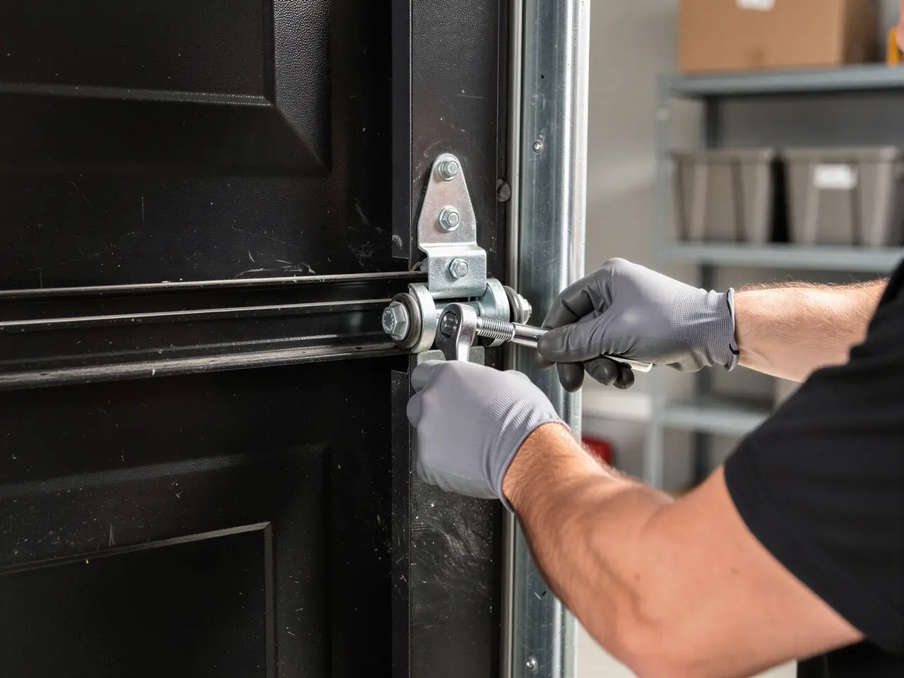 A technician in gray gloves adjusts a garage door roller with a wrench.