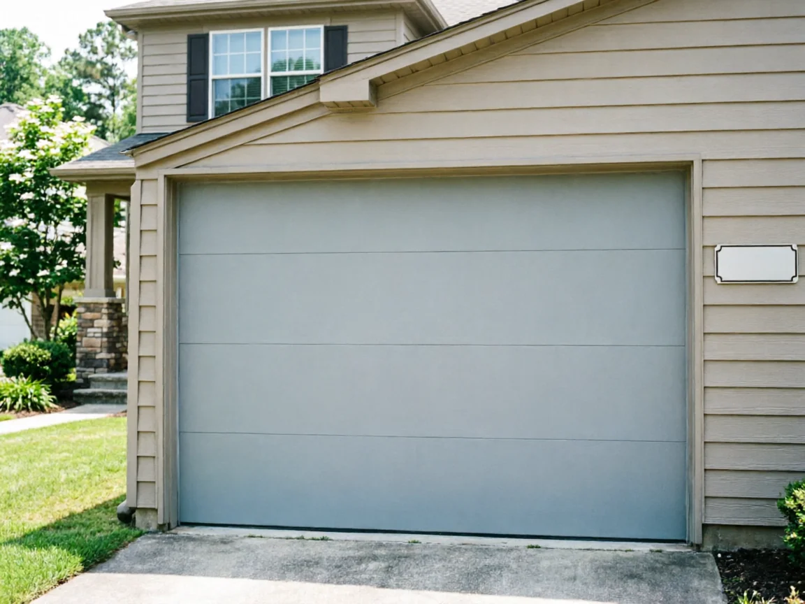 The garage door is light gray with horizontal panels on a tan house.