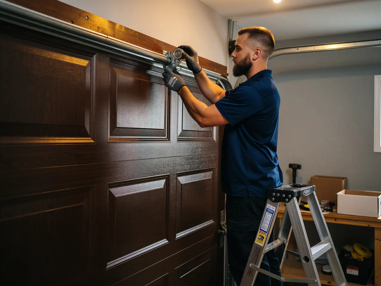 A technician on a ladder is adjusting the roller on a brown garage door.